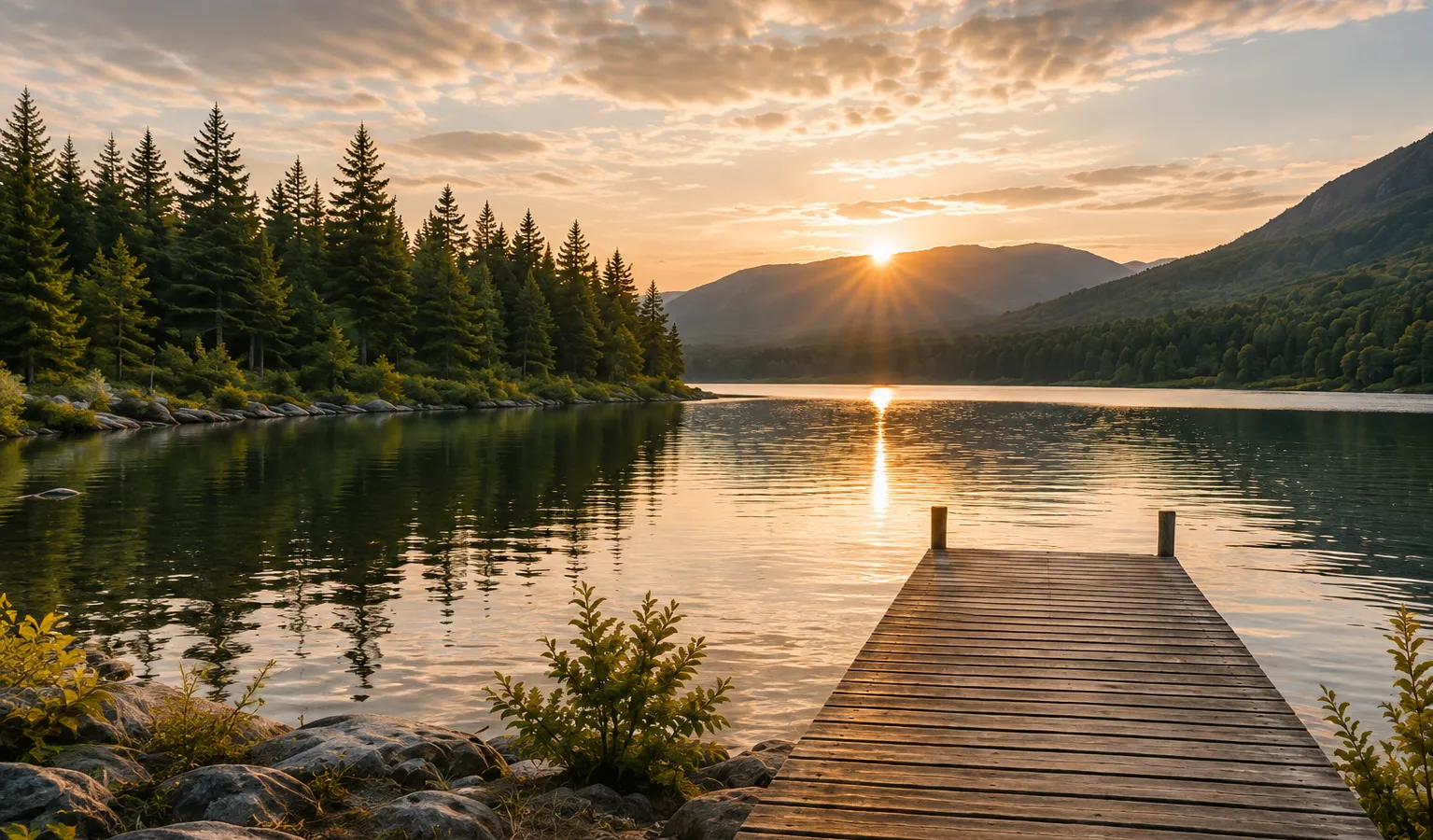 Lac paisible au coucher du soleil, quai de bois et forêt